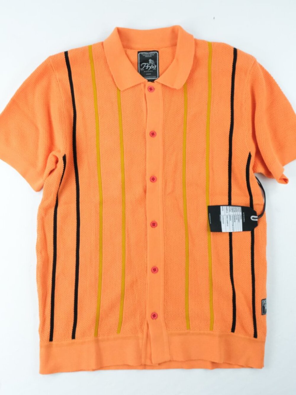 PRPS Orange Knit Short Sleeve Polo Shirt Sz. Med Striped 76 SAMPLE Button Down